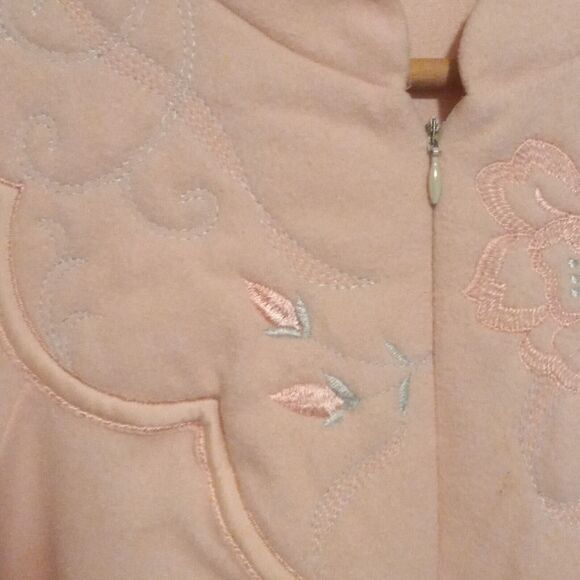 Vintage Shadowline Fleece Housecoat-Medium-Floral Embroidered Yoke-Pockets-Zip - Picture 4 of 10